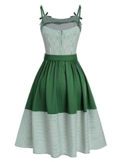 [Pre-Sale] Green 1940s Spaghetti Strap Stripes Patchwork Belted Dress -Retro Pulse Shop SCHL004428 3 compressed