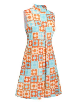 [Pre-Sale] Orange & Blue 1960s Floral Stand Collar Dress -Retro Pulse Shop SCHL004437 2