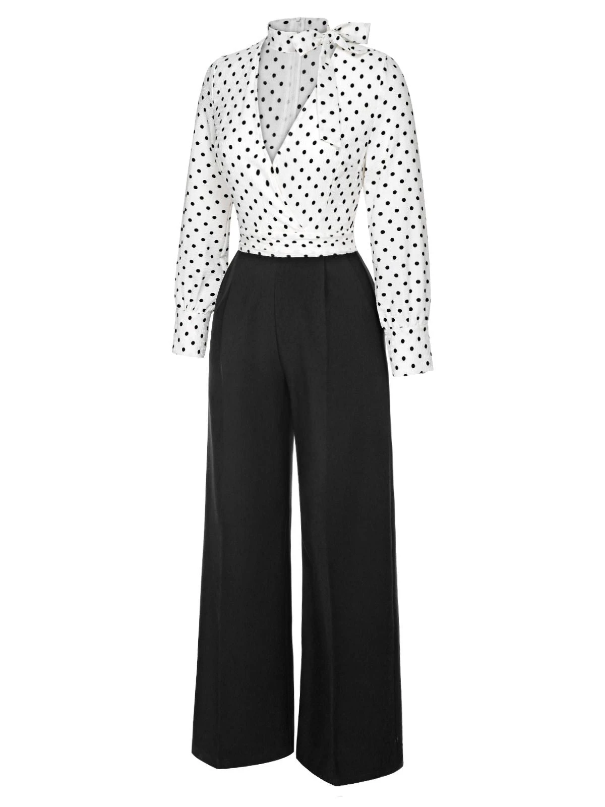 Black & White 1930s Polka Dots Tie Neck Jumpsuit 5 Black & White 1930s Polka Dots Tie Neck Jumpsuit - Image 3