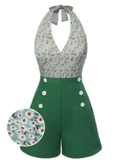 [Pre-Sale] Green 1950s Daisy Patchwork Halter Romper