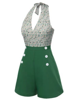 [Pre-Sale] Green 1950s Daisy Patchwork Halter Romper -Retro Pulse Shop SCHL004453 2