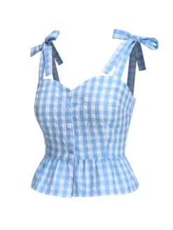 [Pre-Sale] Blue 1960s Straps Plaid Ruffled Hem Tops -Retro Pulse Shop SCHL004474 2