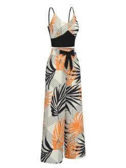 2PCS 1970s Plant Prints V-Neck Short Strap Top & Pants -Retro Pulse Shop SCHL004486 2