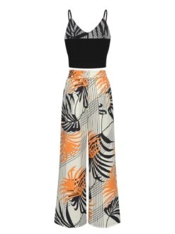 2PCS 1970s Plant Prints V-Neck Short Strap Top & Pants -Retro Pulse Shop SCHL004486 3