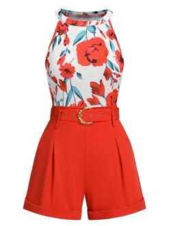 2PCS 1950s Floral Crewl Halter Top & Shorts With Belt
