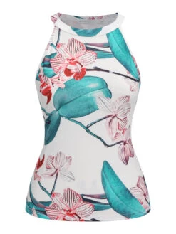 2PCS 1950s Floral Crewl Halter Top & Shorts With Belt -Retro Pulse Shop SCHL004491 11