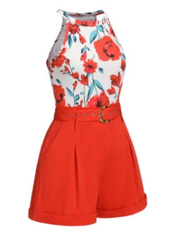 2PCS 1950s Floral Crewl Halter Top & Shorts With Belt -Retro Pulse Shop SCHL004491 2