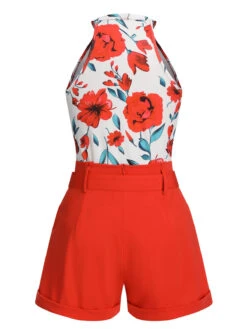 2PCS 1950s Floral Crewl Halter Top & Shorts With Belt -Retro Pulse Shop SCHL004491 3