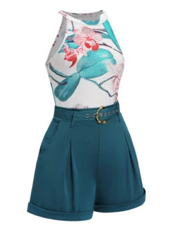 2PCS 1950s Floral Crewl Halter Top & Shorts With Belt -Retro Pulse Shop SCHL004491 9