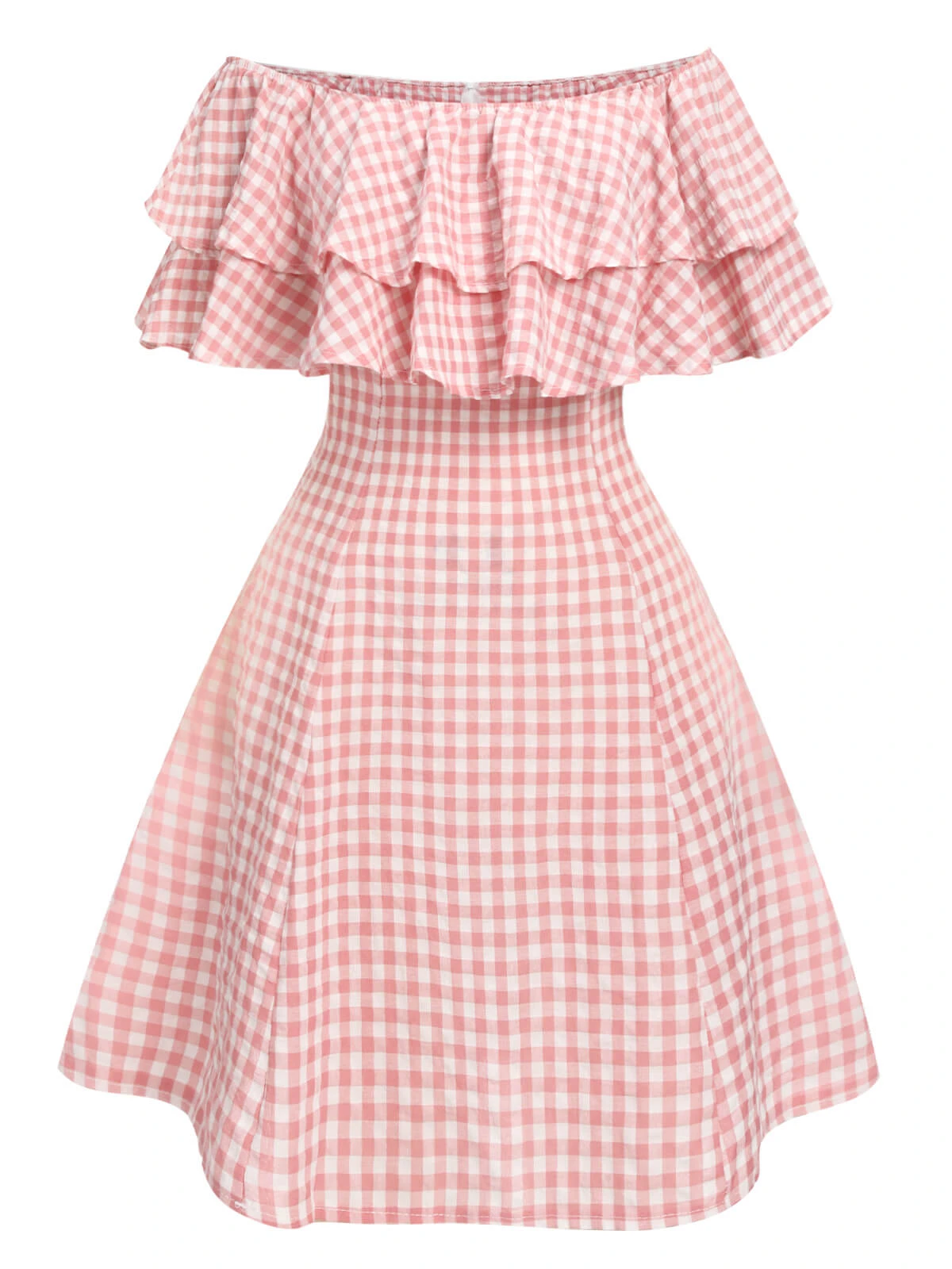 Pink 1950s Plaid Off-Shoulder Dress 3 Pink 1950s Plaid Off-Shoulder Dress