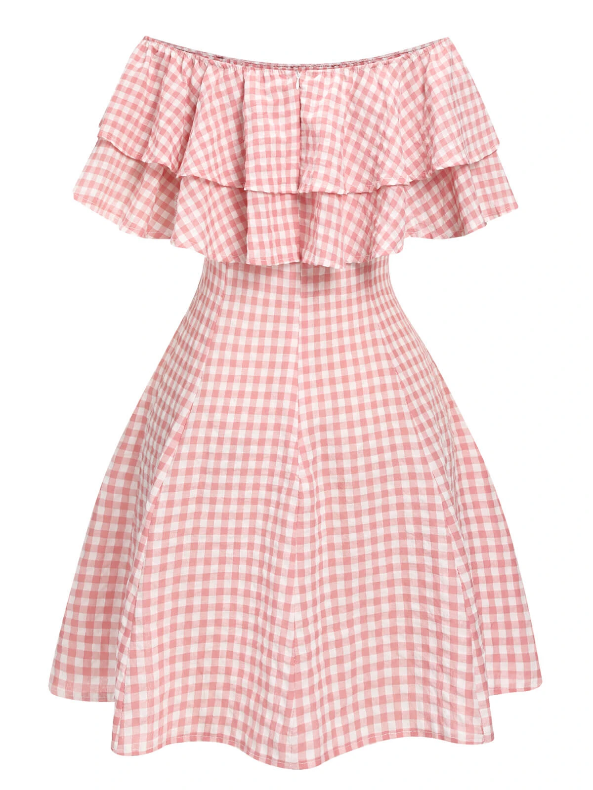 Pink 1950s Plaid Off-Shoulder Dress 5 Pink 1950s Plaid Off-Shoulder Dress - Image 3