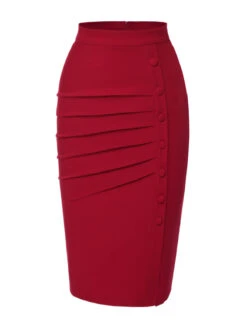 [Pre-Sale] Red 1940s Pleated Button Pencil Skirt -Retro Pulse Shop SCHL004541 2