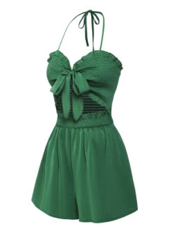 Green 1960s Smocked Sweetheart Neck Halter Romper -Retro Pulse Shop SCHL004569 2