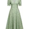 Green 1940s V-Neck Floral Lantern Sleeves Dress -Retro Pulse Shop SCHL004576 1