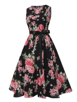1950s Floral Bow Belt Vintage Dress 14 1950s Floral Bow Belt Vintage Dress -Retro Pulse Shop SCHL004586 3