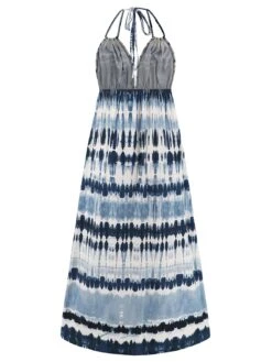 Blue 1940s Backless Tie Dye Long Dress -Retro Pulse Shop SCHL004606 2