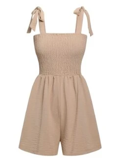 1950s Solid Smocked Shoulder Tie Romper