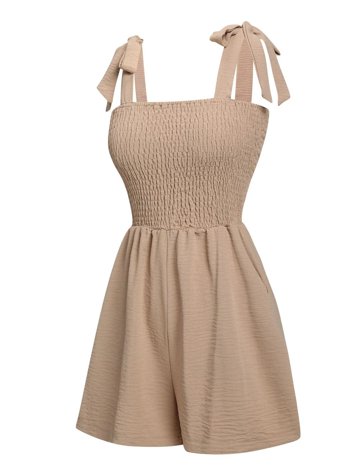 1950s Solid Smocked Shoulder Tie Romper 5 1950s Solid Smocked Shoulder Tie Romper - Image 3