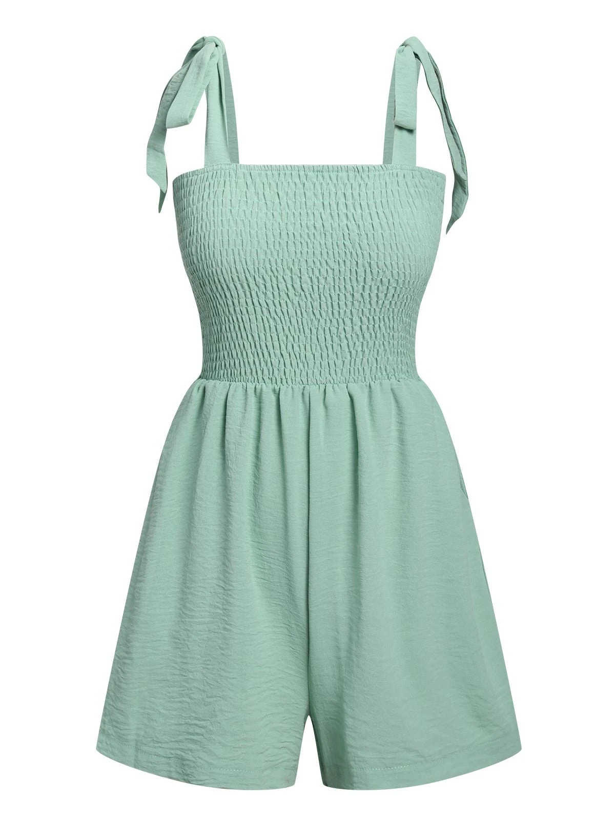 1950s Solid Smocked Shoulder Tie Romper 11 1950s Solid Smocked Shoulder Tie Romper - Image 9