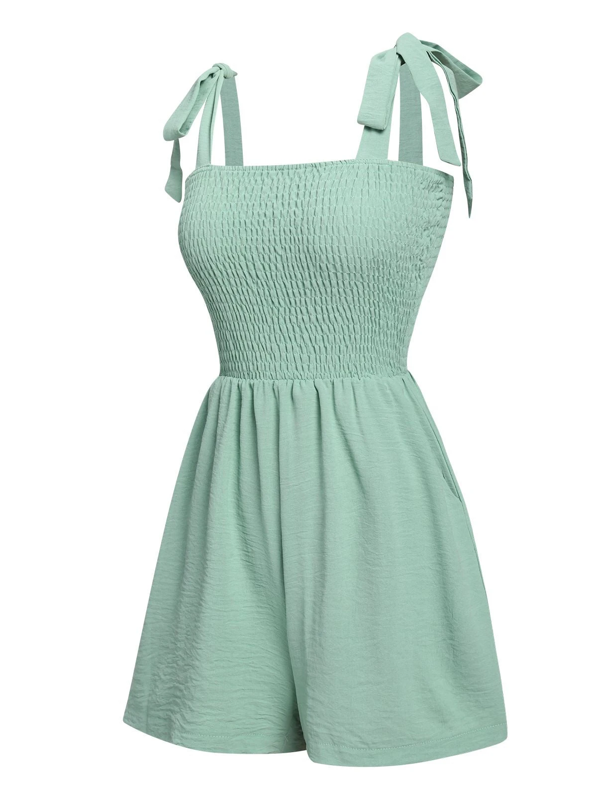 1950s Solid Smocked Shoulder Tie Romper 12 1950s Solid Smocked Shoulder Tie Romper - Image 10