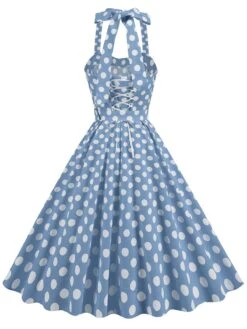 1950s Polka Dot Halter Neck Belt Dress -Retro Pulse Shop SCHL004631 BL 1