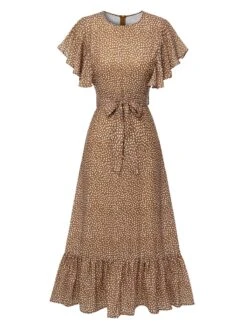 Camel Color 1940s Polka Dots Ruffles Dress