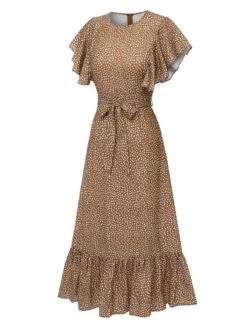 Camel Color 1940s Polka Dots Ruffles Dress -Retro Pulse Shop SCHL004635 3