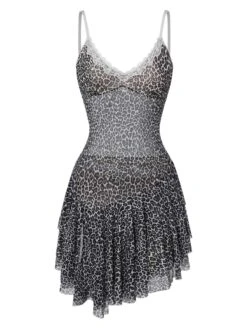 Dark Gray 1960s Spaghetti Strap Lace Leopard Dress