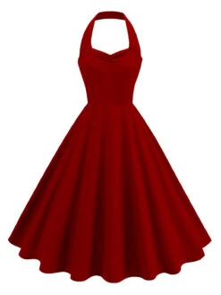 1950s Solid Sweetheart Neck Halter Dress -Retro Pulse Shop SCHL004728 4