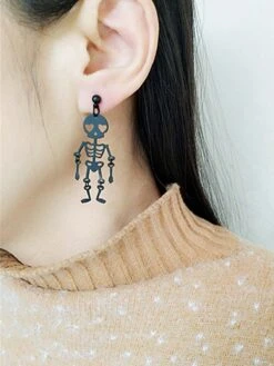 Black Halloween Skeleton Dangle Earrings -Retro Pulse Shop SCQL000054 5