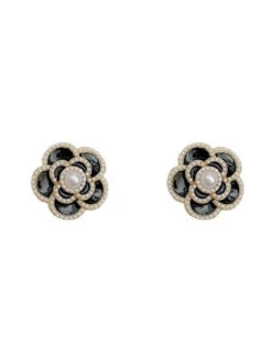 Black & White Pearl Camellia Stud Earrings