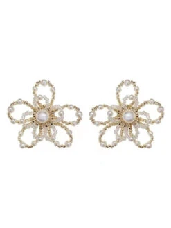 White Retro Beading Flower Hollow Stud Earrings