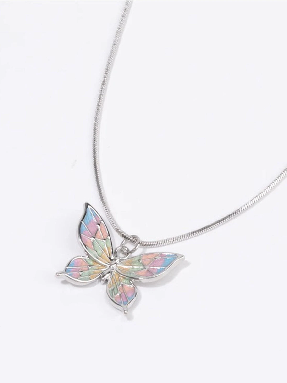 Silver Retro Colorful Butterfly Necklace 3 Silver Retro Colorful Butterfly Necklace