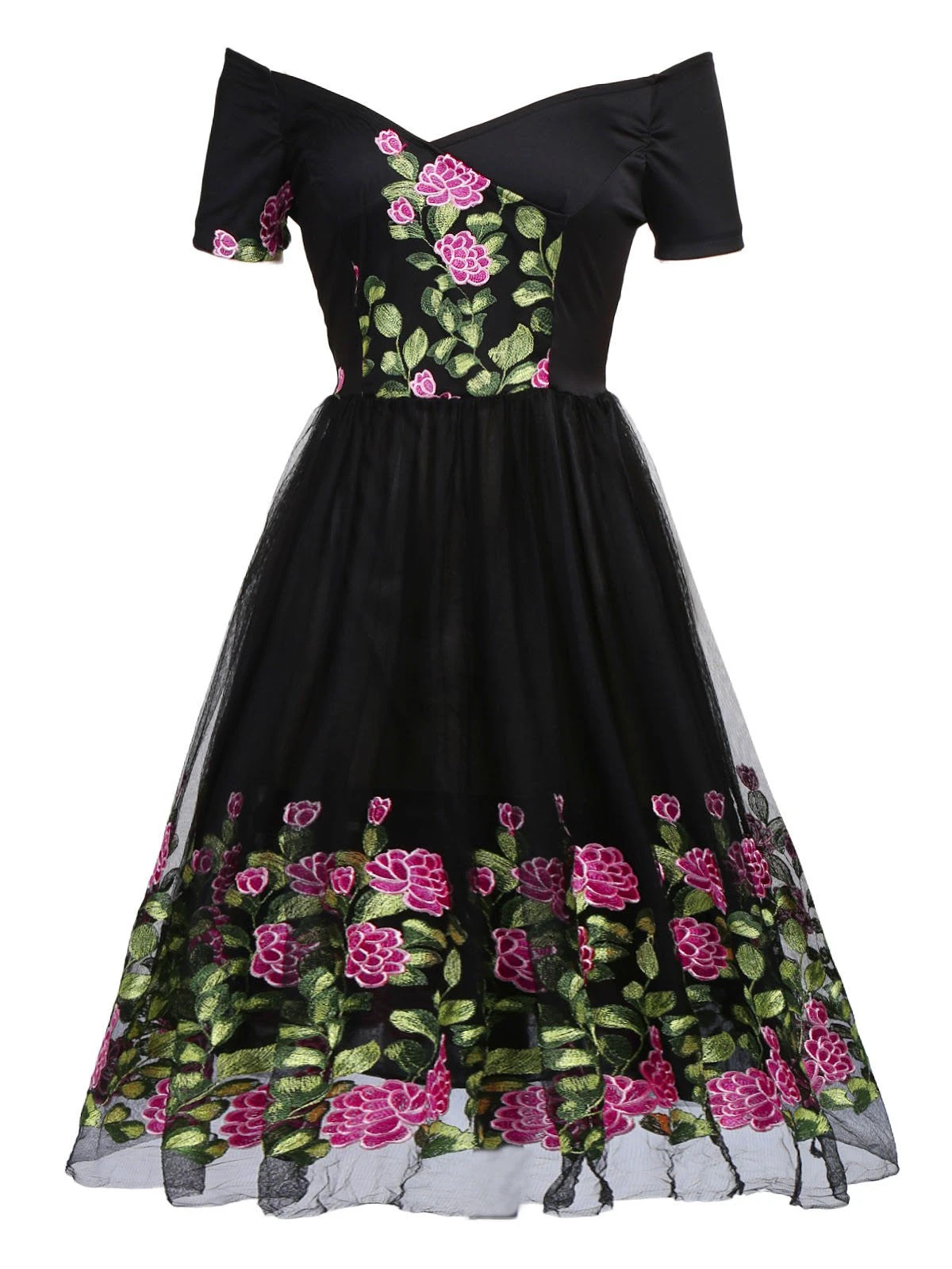 Black 1950s Peony Embroidery Dress 3 Black 1950s Peony Embroidery Dress