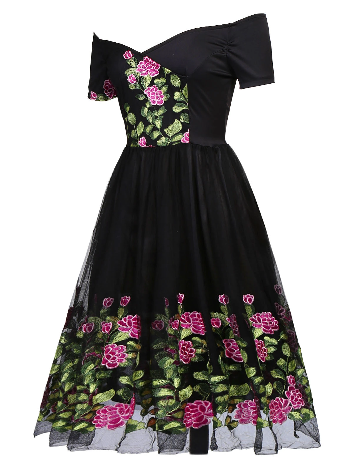 Black 1950s Peony Embroidery Dress 4 Black 1950s Peony Embroidery Dress - Image 2