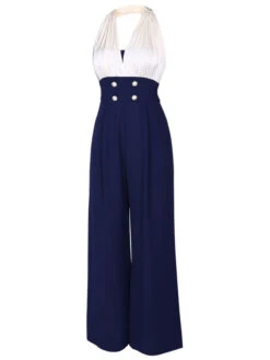 Blue 1930s Halter Patchwork Jumpsuit -Retro Pulse Shop SCV0018776 2