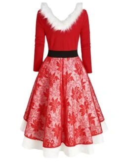 Red 1950s Lace Patchwork Furry Dress -Retro Pulse Shop SCV003517 PAT1 3