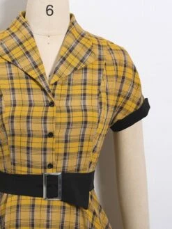 Mustard 1950s Plaid Belt Swing Dress -Retro Pulse Shop SCV004291 3