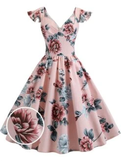 1950s Floral Flare Sleeve Swing Dress -Retro Pulse Shop SCV005177 PAT2 0 2b867356 4069 444e 8dc1 108182f37c1a