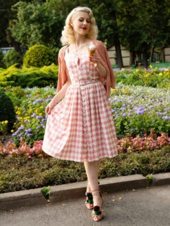 Pink 1950s Diamond Grid Swing Dress -Retro Pulse Shop SCV005369 PP S