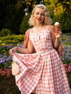 Pink 1950s Diamond Grid Swing Dress -Retro Pulse Shop SCV005369 PP S 2