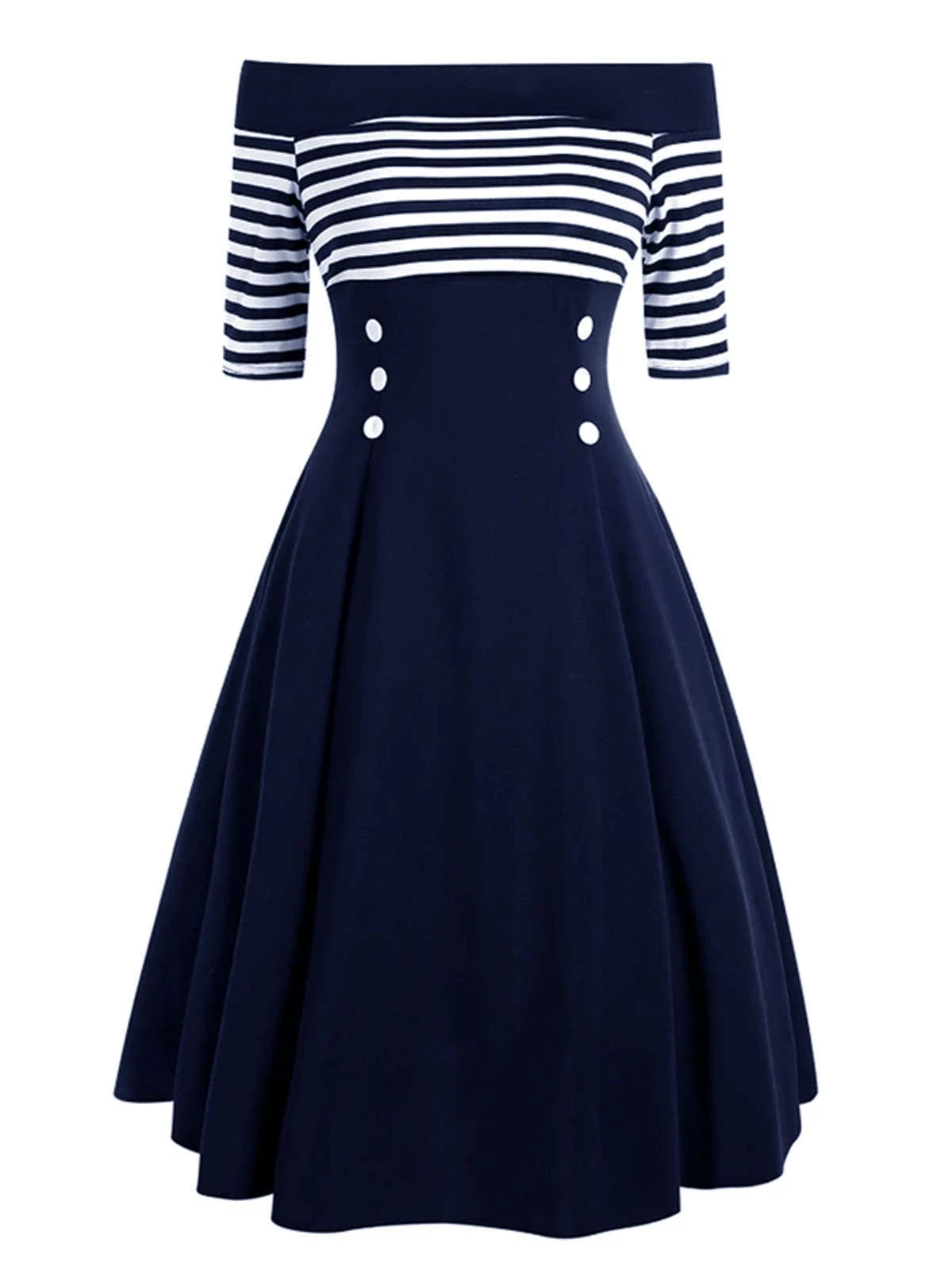 Navy 1950s Off Shoulder Swing Dress 3 Navy 1950s Off Shoulder Swing Dress