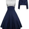2PCS Navy 1950s Polka Dot Swing Dress