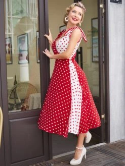 Red 1950s Polka Dot Pocket Swing Dress -Retro Pulse Shop SCV008857 3