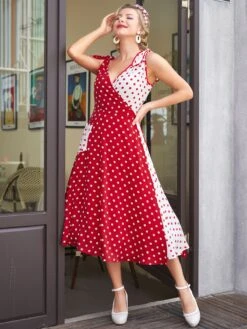 Red 1950s Polka Dot Pocket Swing Dress -Retro Pulse Shop SCV008857 5