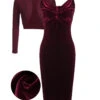 2PCS Wine Red 1960s Velvet Bodycon Dress -Retro Pulse Shop SCV009606 2222
