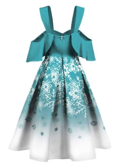 Blue 1950s Off Shoulder Snowflake Dress -Retro Pulse Shop SCV011454 3