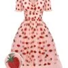 Pink 1950s Lace Strawberry Swing Dress -Retro Pulse Shop SCV016214 01