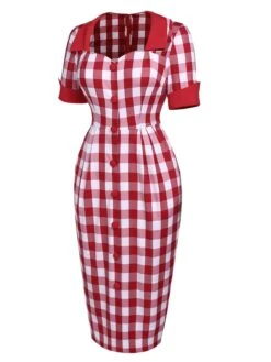 Red 1960s Checked Pockets Pencil Dress 14 Red 1960s Checked Pockets Pencil Dress -Retro Pulse Shop SCV016327 2
