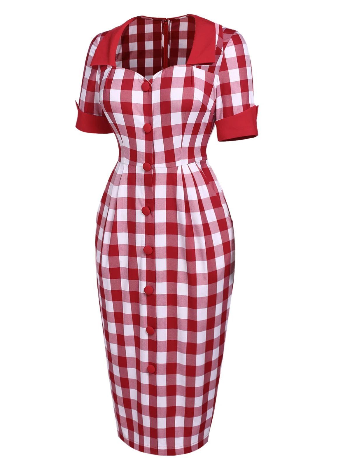 Red 1960s Checked Pockets Pencil Dress 5 Red 1960s Checked Pockets Pencil Dress - Image 3
